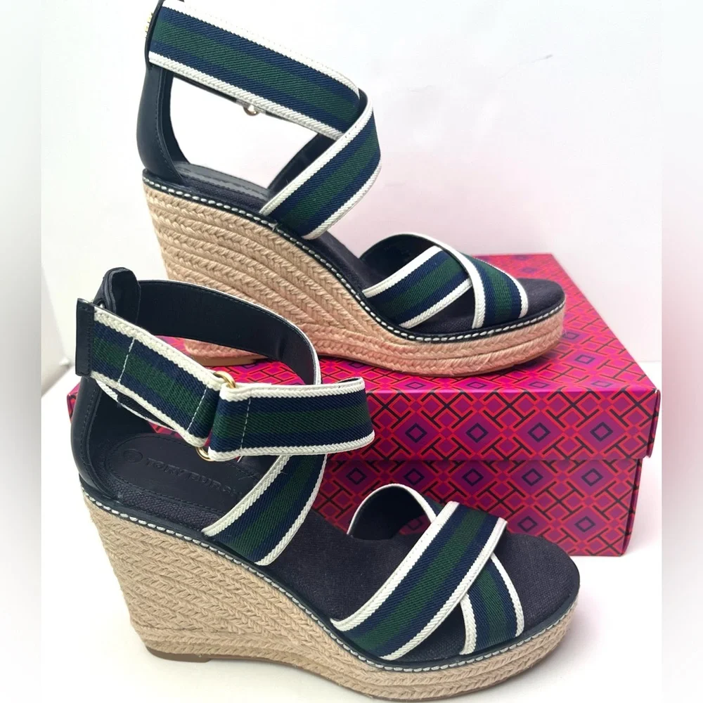Tory Burch Frieda Platform Wedge Espadrille Blue Green Summer Sandals